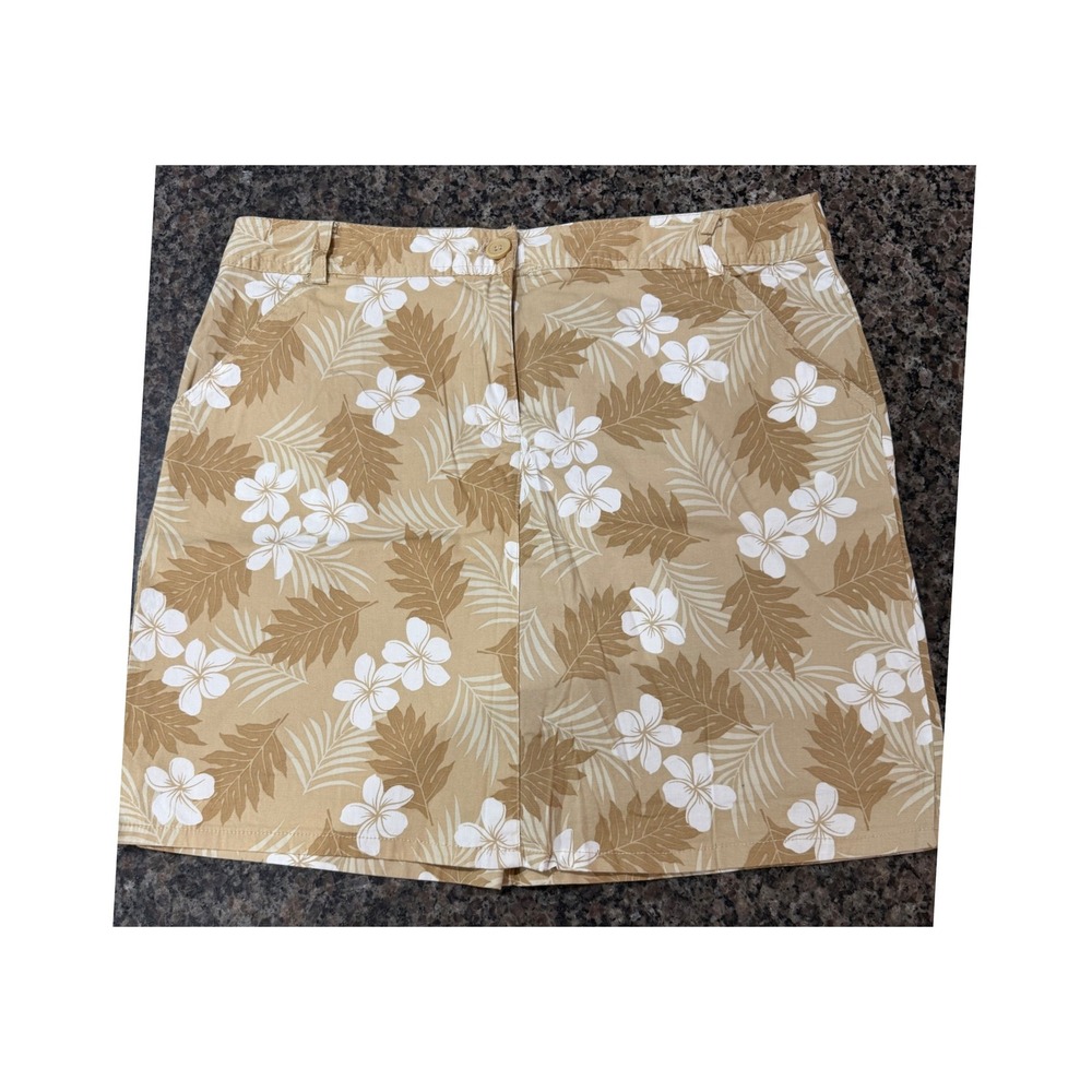 Tropical Hibiscus Floral Skort Khaki Tan White Palm Leaf Mini Skirt Short Pocket